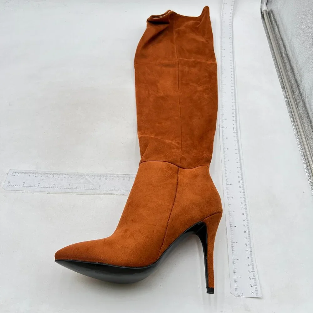Brown Women Chic Faux Suede Knee High Long Boots Pointed Toe High Heel Shoes